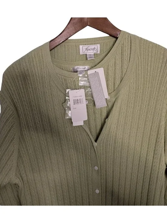 Foxcroft Women Sage Green Supima Cotton 2 Piece Cardigan Shell Set Size L Ribbed - Picture 2 of 16
